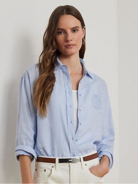 Lauren Ralph Lauren Tops - Lauren Ralph Lauren Oversize Striped Floral-Logo Linen Shirt Light Blue XXL